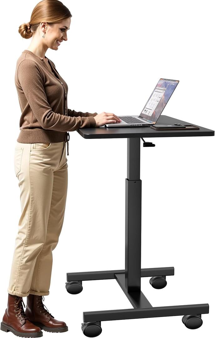 Mobile Laptop Standing Desk Adjustable Height, Small Mobile Desk Workstation with Wheels, Portable Rolling Computer Desk Cart for Home Office Classroom (Black)