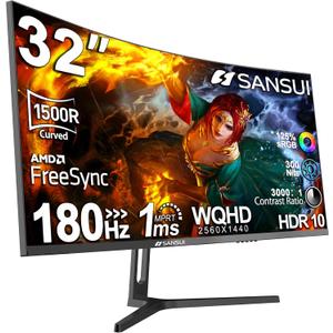 SANSUI 32-Inch Curved Gaming Monitor WQHD 2560 x 1440 180Hz Curved 1500R -1ms(OD), HDR, 300nits, sRGB 125%, DCI-P3 95%, FreeSync, HDMI x2, DP1.2x2(ES-G32C3 DP Cable Included) (32in WQHD Curved)