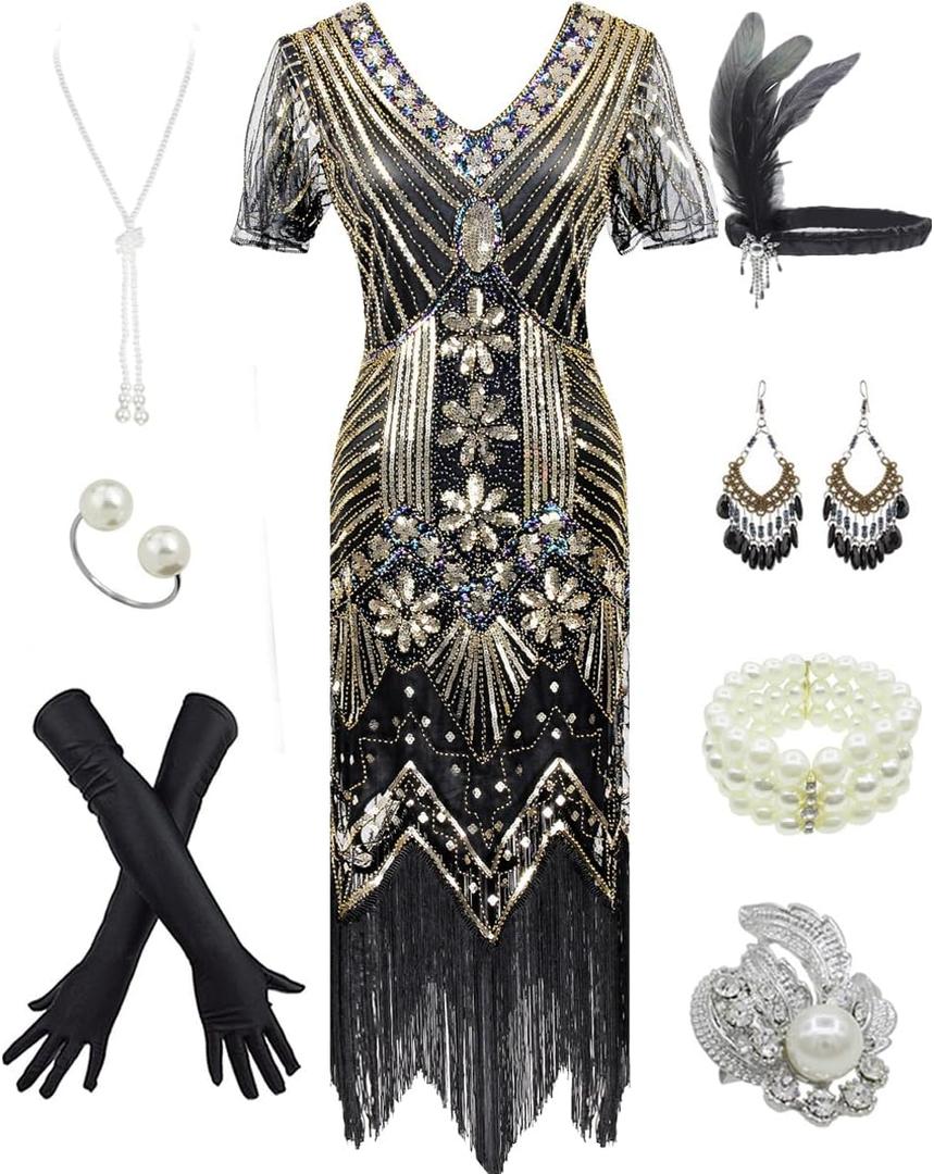 Women's 1920s Gatsby Inspired Sequin Beads Long Fringe Flapper Dress w/Accessories Set (Style04-black&gold)