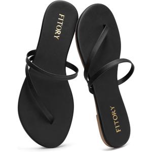 FITORY Womens Flip Flops, Strappy Open Toe Flat Sandals for Summer 2026, Lightweight and Comfortable Slides for Beach and Casual Walking, Indoor and Outdoor Size 7 (Black)
