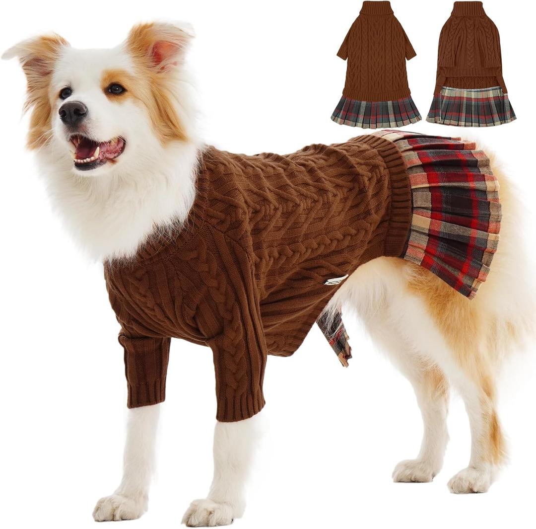 IECOii XL Dog Sweater Dress for Large Dogs Girl, Cable Knit Winter Dress for Female Dogs, Caramel,XLarge, Soft Girl Dog Sweater with Tartan Plaid Skirt Cute Turtleneck Knitwear for Cold Weather (X-Large(Chest:24.4 in/62 cm))