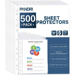 Sheet Protectors, PANDRI 500 Pack Clear Heavy Duty Plastic Page Protectors Sheet Reinforced 11-Hole Fit for 3 Ring Binder Fits Standard 8.5 x 11 Paper, 9.25 x 11.25 Top Loaded, Excluding Acid