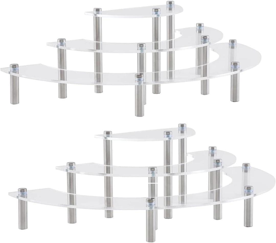 Gonice 2 Pack Acrylic Display Risers, 3 Tier Half Moon Cupcake Stand, Graduation Party Display Riser, Birthday Party Decoration, Display Stand for Figure and Perfume (silver)