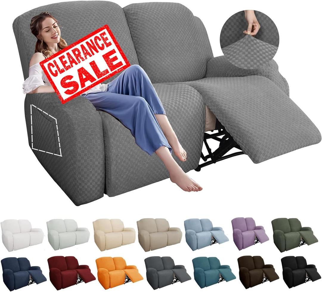 YEMYHOM 6 Pieces Stretch Loveseat Recliner Slipcover Jacquard Recliner Sofa Cover with Side Pocket Fitted Recliner Cover Couch Furniture Protector with Elastic Bottom (Loveseat Recliner, Light Gray) (2 Seater)