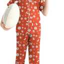 Veseacky Girls Silk Pajamas Short Sleeve Pjs for Kids Satin 2 Piece Lounge Sets Button Down Sleepwear with Long Pants (Christmas Red,8y 9y)