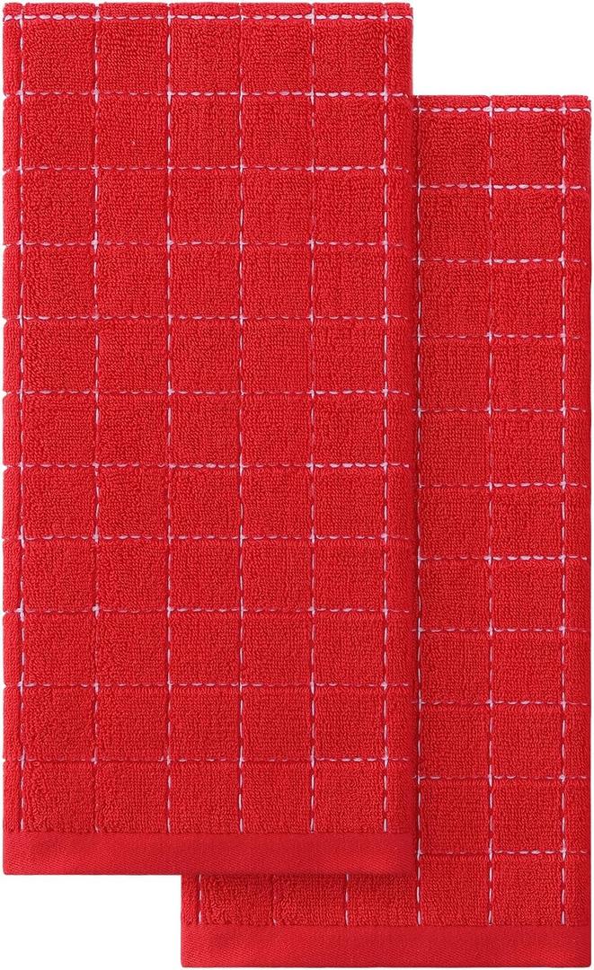 Homaxy 100% Cotton Terry Kitchen Towels(Red, 13 x 28 inches), Checkered Designed, Soft and Super Absorbent Dish Towels, 2 Pack