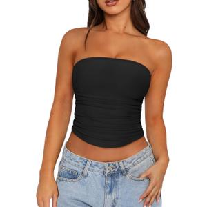 REORIA Womens Sheer Tube Top Summer Y2K Double Lined Strapless Tops Sleeveless Crop Top 2025 Going Out Outfits Trendy (Medium, Black)