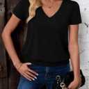 Sialois Short Sleeve Women T Shirts V Neck Tops Fashion Banded Bottom Tops Summer Spring Outfits Beach Vacation Clothes 2026 (Black, XL)