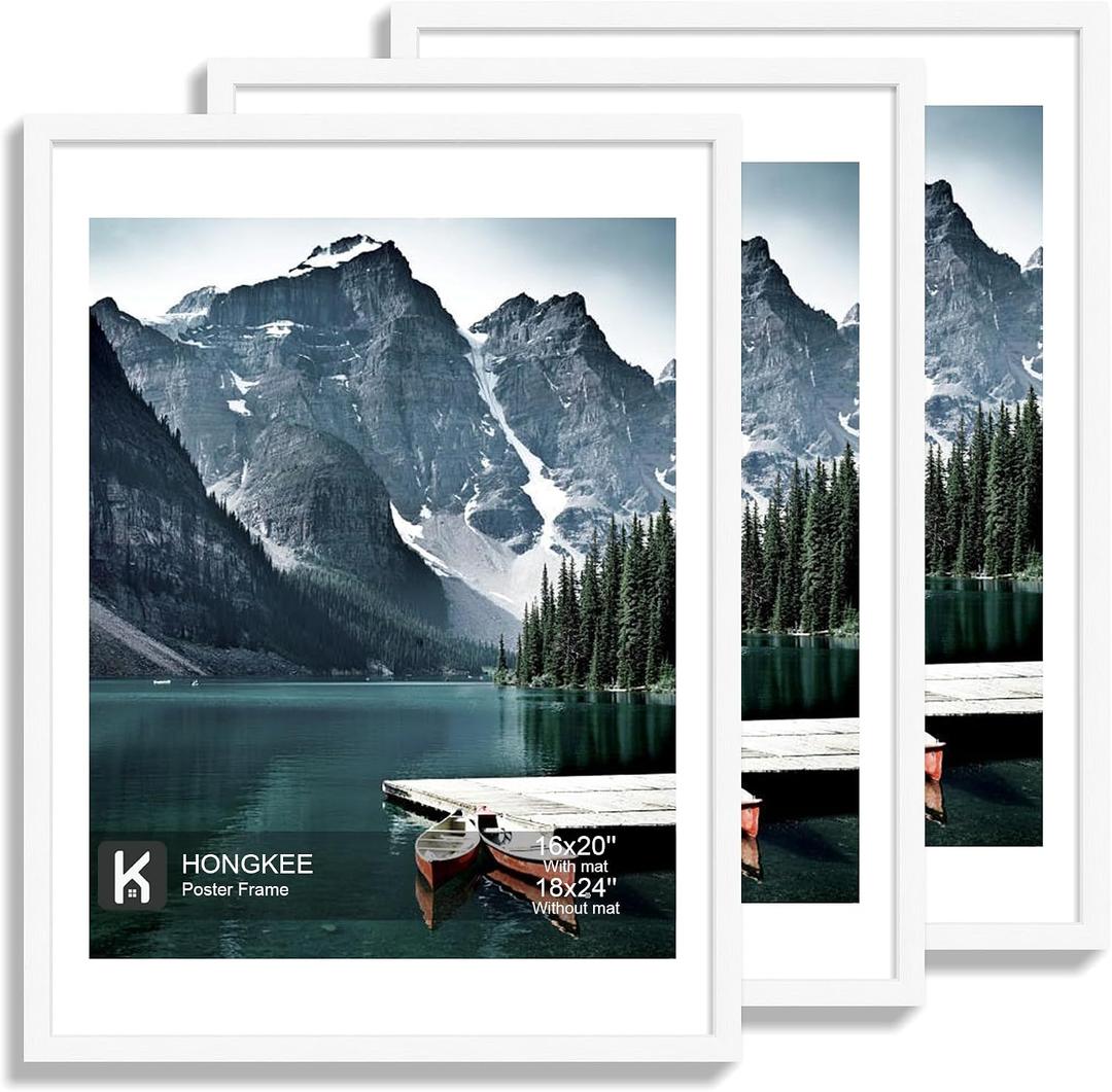Hongkee 18x24 Frame Set of 3 - Display 16x20 Photo with Mat or 18 x 24 Poster without Mat, Wall Mounting Horizontal and Vertical, White