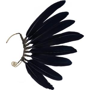 FRESHME Black Faux Feather Ear Cuffs - Indian Ethnic Plume Ear Clips Viking Tribal Earrings Bronze Wire Wrapped Fairy Elf Ear Cuffs Wraps Fantasy Jewelry for Unisex Cosplay Costume Dress Accessories