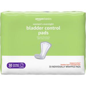 Amazon Basics Incontinence Pads for Women, Bladder Control, Postpartum, Overnight Absorbency, Unscented, 30 Count