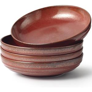 HAPPY KIT 9'' Large Pasta Bowls, 42 Oz, Stoneware Reactive Glaze Salad Bowl Set of 4, Ceramic Serving Bowls for Fruit,Soup,Noodle, Dinner, Scratch Resistant, Rust Red
