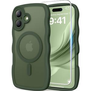 3 in 1 Magnetic for iPhone 17 Case, Cute Wavy [Full Camera Protection] [Fit for MagSafe] 1X Screen Protector+1X Wrist Strap, Anti-Slip Trendy Women Girly Phone Case for iPhone 17 6.3", Deep Green