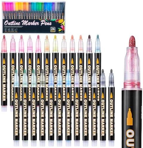 Mzh Art Double Line Metallic Markers set of 24 x 2 PACK Colors Glitter Pen Paint Permanent Brush Pen Never Fade Quick Dry for Designing Photo Album, Guest Book, Scrapbook, DIY card, Glass, Rock