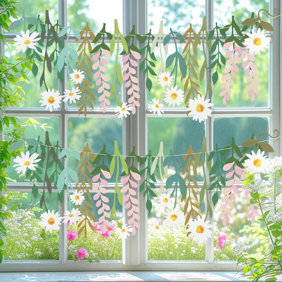 Yeaqee 2 Pcs Flower Banner Garland Double-sided Colorful Waterproof Flower Birthday Party Decoration Paper Backdrop for Birthday Wedding Baby Shower (White)