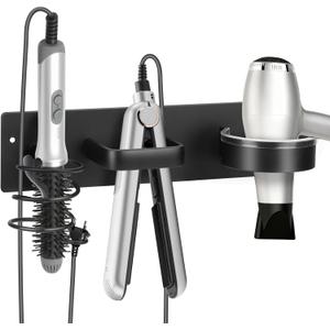 Hair Tool Organizer Wall Mount  Aluminum Hair Dryer Holder & Curling Iron Rack with Hooks, Space Saving Bathroom Hair Styling Tool Storage for Blow Dryer, Flat Iron, Curling Tools (Cylinder)