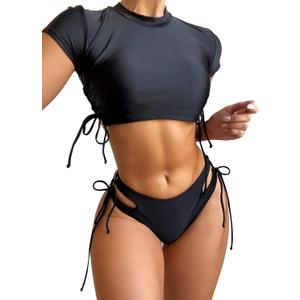 Lilosy Drawstring Bikini Set Srting Swimsuit Short Sleeve Top and Tie Side Bottom 2 Piece (Small)