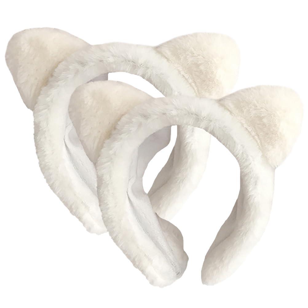 Beaupretty 2pcs Furry Plush Animal Ears Headband Face Washing Hairband for Women Girls White