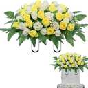 Artificial Cemetery Flowers Saddle - Grave Decoration Headstone Flower Rose for Outdoor Grave Decorations (Yellow White)