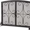 Plow & Hearth Metal Fireplace Screen Florence Black | 38" W x 31" H | Dual Magnetic Hinged Doors | Spark Guard Cover | Stand Alone Wrought Iron Panel Fire Place Cover