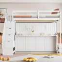 Merax Full Over Full Farmhouse Loft Bed with Murphy Cabinet Bed w/Hydraulic Lift, Solid Wood Wall Bunk Bed with Storage Staircase, Shleves & Desk/No Box Spring Needed/Easy Assemble/White