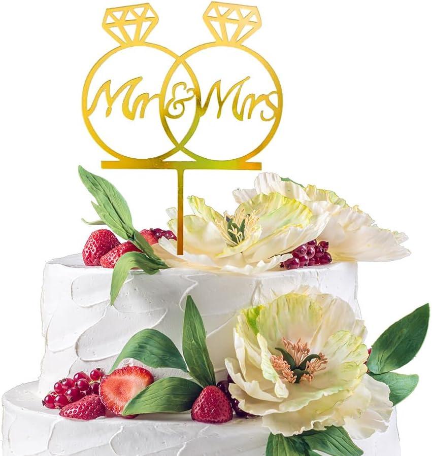 Golden Mr and Mrs Wedding Cake Toppers, Acrylic Bride and Groom Cake Topper for Wedding Anniversary Rings, Engagement Party Decorations, Premium Glod Metal