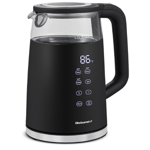 Elite Gourmet 1.7L Dual Wall Cool Touch Electric Tea Kettle, Borosilicate Glass, 304 Stainless Steel Interior, Programmed Digital Touchscreen, Keep Warm, Auto Off & Audible Indicator, Black