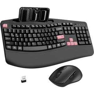Wireless Keyboard and Mouse Combo, 2.4G Full Size Wave Keys Ergonomic Keyboard with Wrist Rest, Phone Holder, 3-Level DPI Wireless Silent Mouse with 6-Buttons, for Windows (Pink)