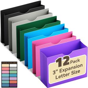 ANSOOK Manila File Jackets & File Pockets Letter Size,Reinforced Straight Cut Tab,Heavy Duty 3" Expansion Manila Folders,12 Pack Job Folder File Jackets Designed for Use in Standard Hanging Files (Colored)