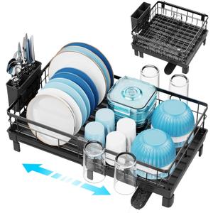 GSlife Expandable Dish Drying Rack for Kitchen Counter, 12-20.5 Inch Compact Dish Rack with Drainboard, Swivel Spout, Cup & Utensil Holder, Rust-Resistant Dish Drainer for Small Kitchen, RV, Black