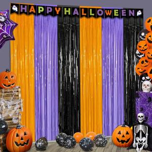 3 Packs 3.3ft x 6.6ft Orange Purple Black Metallic Tinsel Foil Fringe Curtains Photo Booth Props for Halloween Birthday Bridal Shower Baby Shower Bachelorette Holiday Celebration Party Decorations