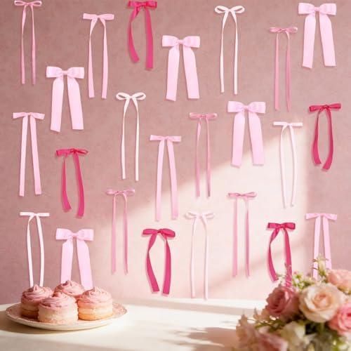 Charouse 40Pcs Pink Bow Wall Decor, 5 Sizes DIY Bow Photo Backdrop Ribbon Bows Garland, Pink Bows Party Decor for Birthday Baby Shower Bachelorette Wedding Room Bedroom Decor