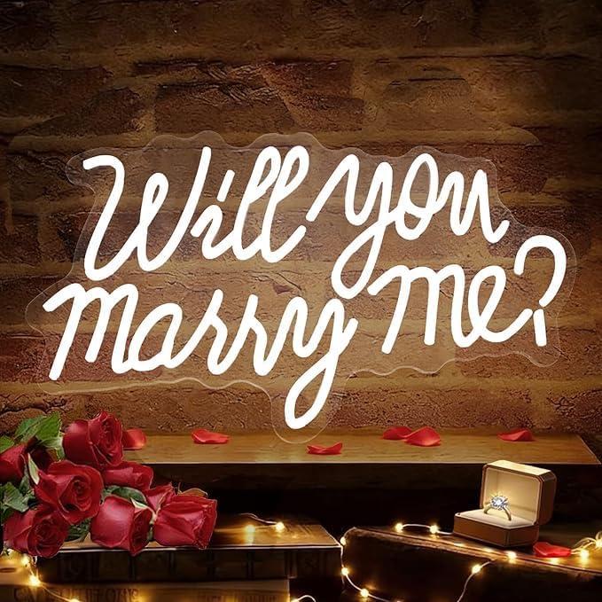 HMT Will You Marry Me Neon Sign Cool White LED Marry Me Light for Proposal Engagement Wedding Party Backdrop Wall Decor 19.7x11.8 Inch USB Powered Romantic Sign, Large, 19.7 x 11.8 inches