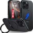 Oterkin Magnetic for iPhone 16 Pro Case Compatible with MagSafe [Foldable Invisible Stand][Tempered Glass Screen Protector & Full Camera Protection] 15FT Military Dropproof Phone Case (Black)