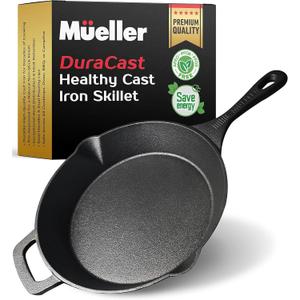 Mueller Heavy-Duty Cast Iron Skillet 10-inch, Pre-Seasoned Cast Iron Pan, Safe Across All Cooktops, Oven, BBQ, or Campfire, Handles & Dual Pouring