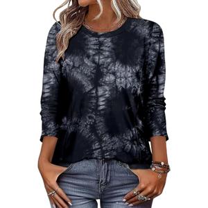 KISSMODA Women Long Sleeve Tops Dressy Casual Crew Neck Tshirts Basics Tee Work Blouses Fall Fashion Tops (3X-Large, Tiedyeblack)