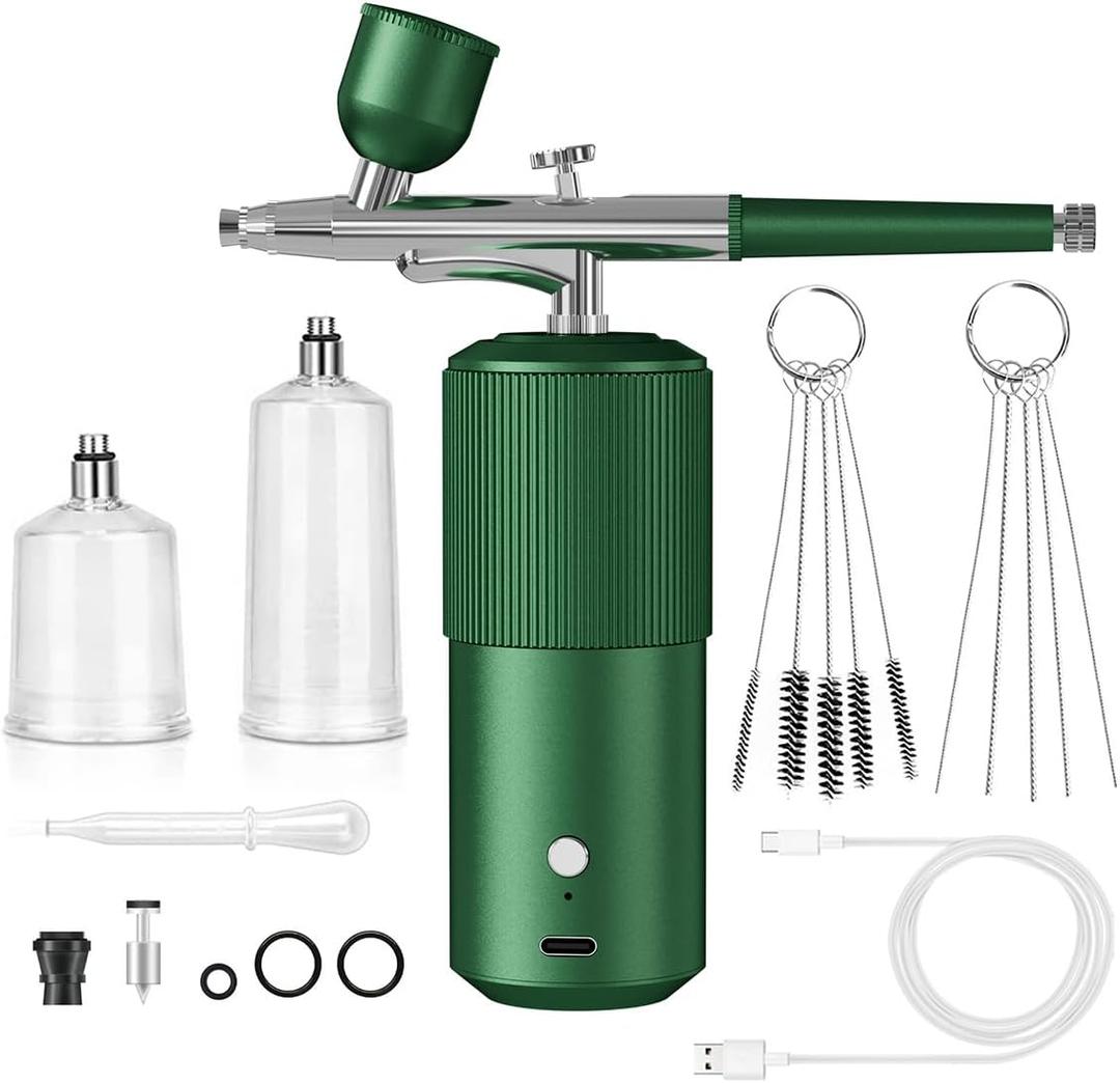 Portable Cordless Airbrush Kit with Compressor - 0.3mm Nozzle, Ideal for Makeup, Nail Art, Cake Decoration, Model Painting (Green)