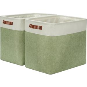 DULLEMELO Extra Large Storage Baskets, 17"x12"x15" Fabric Storage Bins for Organizing Shelves Nursery Toys Books, Collapsible Storage Baskets Rectangular Canvas Bins with Handles, White&Green, 2-Pack