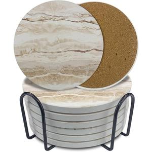 Ceramic Coasters Set of 6, Marble-Textured Design with Holder - Absorbent Cork-Backed Coasters for Cups, Bar & Coffee Table Decor Accessories (Khaki Marble-Thin, 6 Pack-Thin)