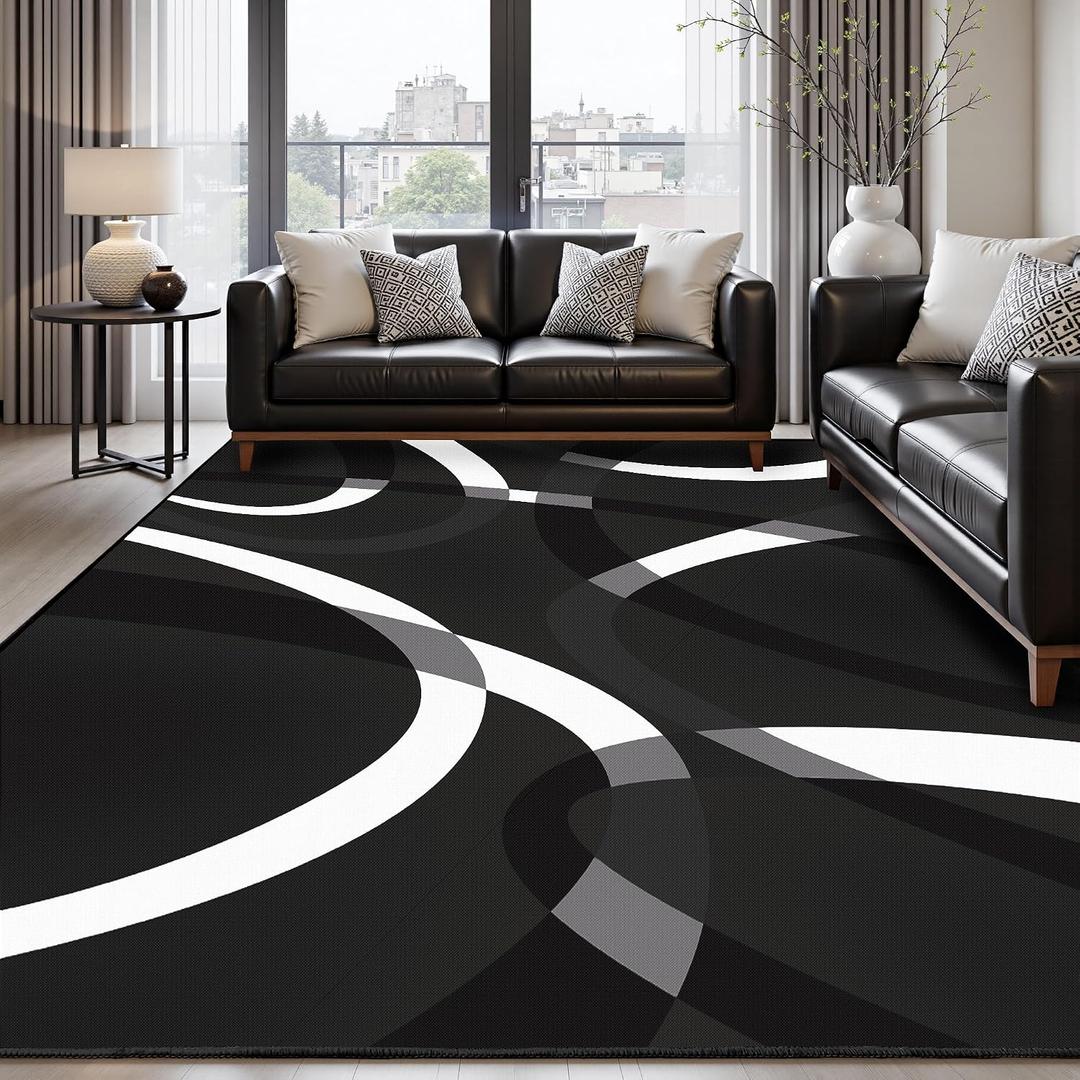 Classical Modern Black and White Stripe Pattern Area Rug for Living Room 8x10 Outdoor Rug Non Slip&Non-Shedding Low Pile Indoor Large Carpets for Bedroom, Dining Room, Home Office, Bathroom