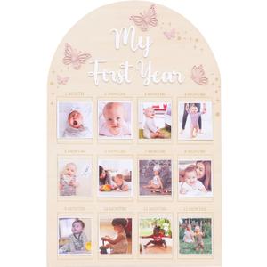 YOUAME My First Year Birthday Wooden Photo Board - Butterfly Themed First Year Milestone Photo Board, 12 Months Baby Girl Birthday Picture Wood Frame, Girls Pink Birthday Party Decorations