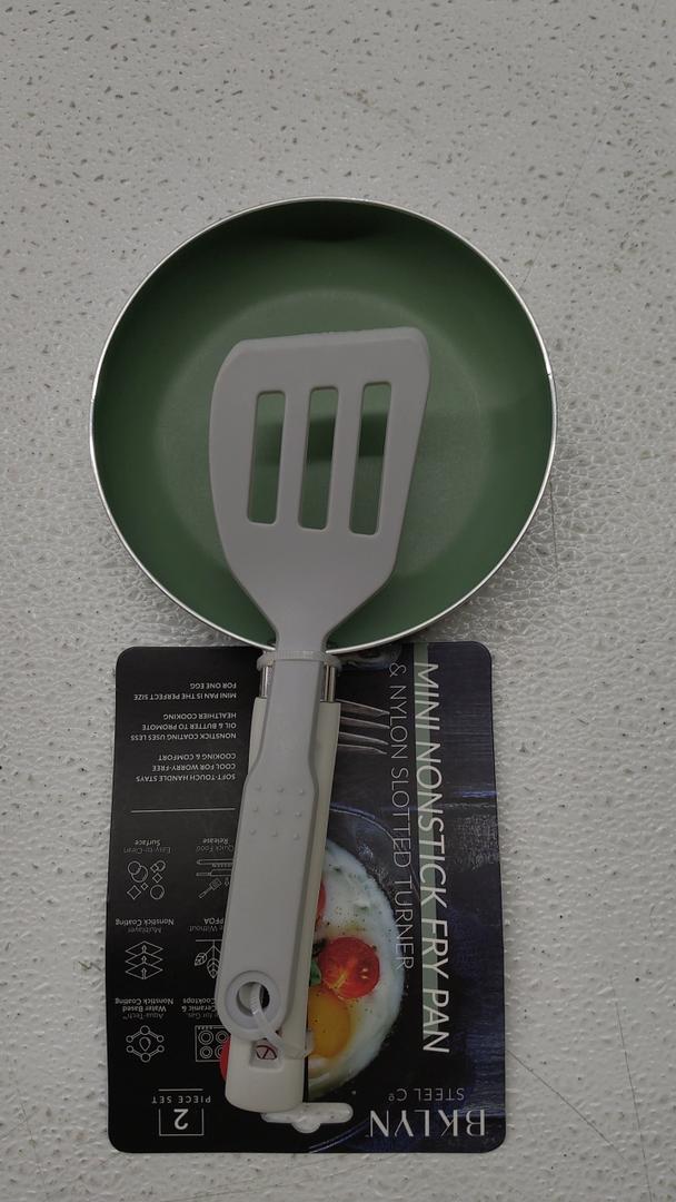 BKLYN Steel Mini Round Nonstick Fry Pan And Nylon Slotted Turner Set Green