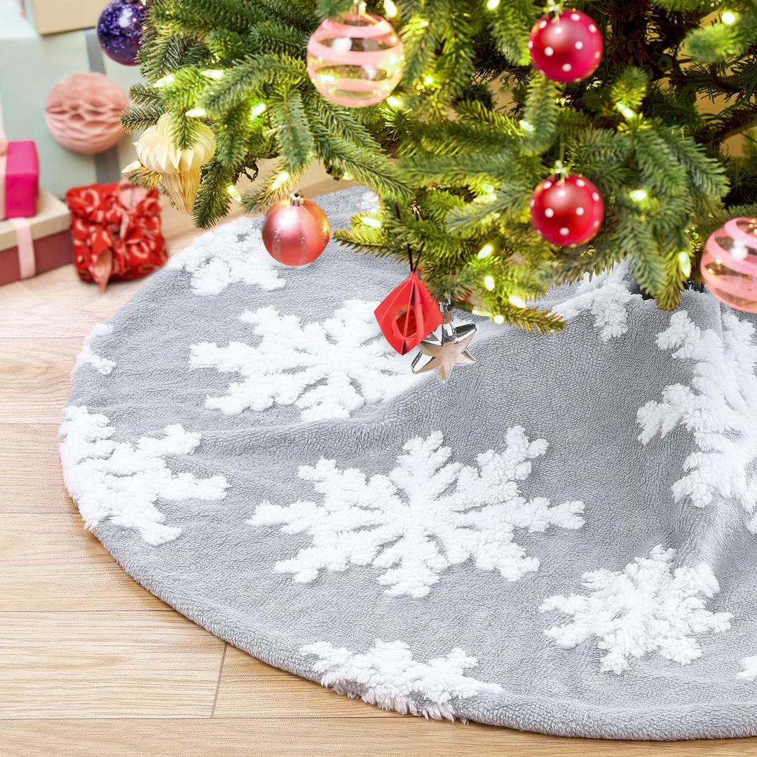 Mini Tree Skirt 36 Inches Christmas Tree Skirt Luxury Grey Plush Skirt with White Snowflakes Xmas Party Decor
