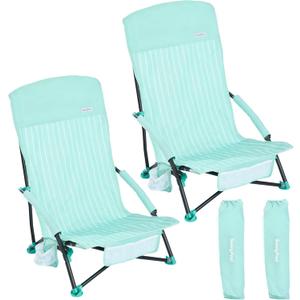 SUNNYFEEL Low Beach Chair 2 Pack, High Back Folding Beach Chairs for Adults with Cup Holder & Side Pocket, Lightweight Backpack Sand Chair Portable for Beach Camping Concert Lawn, 1.8 ft x 2.2 ft x 2.65 ft