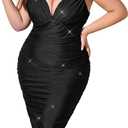Plus Size Spaghetti Strap Dresses for Women Ruched Bodycon Sexy Sparkly Sequin Cocktail Mini Dress (XX-Large, Black)