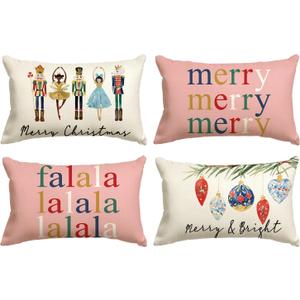 AVOIN colorlife Merry Christmas Nutcracker Pink Throw Pillow Covers, 12 x 20 Inch Winter Holiday Party Cushion Case Decoration for Sofa Couch Set of 4 (20" x 12" (Pack of 4), Pink)