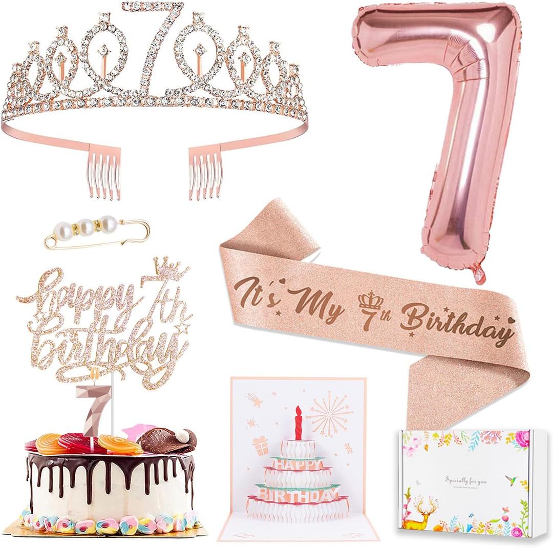 7th Birthday Decorations for Girls - Cake Topper, Queen Sash With Pearl Pin, Rhinestone Tiara Crown, Number Candles and Balloons Set, Rose Gold