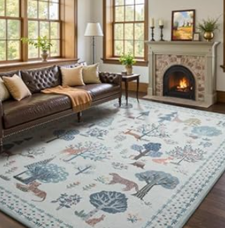 junovo 4X6 Jungle Animal Print Area Rug for Living Room, Washable Non-Slip Bedroom Rugs, Soft Low Pile Peacock Floral Carpet for Dining Room Playroom Nursery 