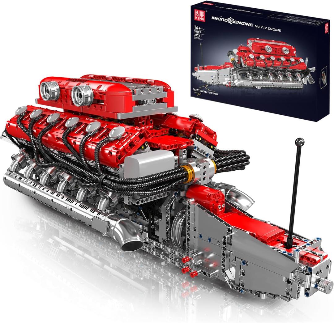 Mould King V12 Engine Model Kit that Runs - Motorized Mini Engines Building Blocks Set with Battery & Gearshift, Car Construction STEM Toy for Adults, DIY Mechanic Engineering Kit (3472+ PCS)
