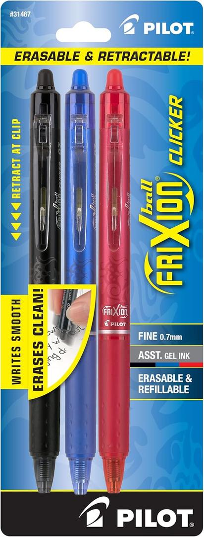 PILOT FriXion Clicker Erasable, Refillable & Retractable Gel Ink Pens, Fine Point, Black/Blue/Red Inks, 3-Pack (31467) PILOT FriXion Clicker Erasable, Refillable & Retractable Gel Ink Pens, Fine Point, Black/Blue/Red Inks, 3-Pack (31467)